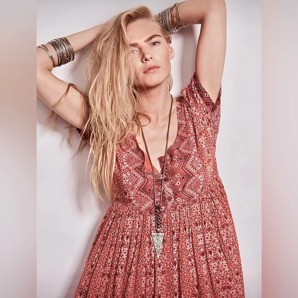 Free People Sundown Boho Babydoll Mini Dress Orange Combo ZB1